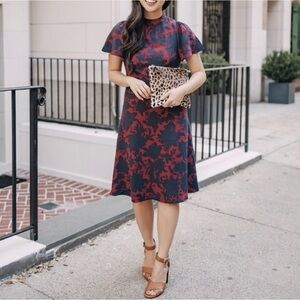 Ann Taylor burgundy and navy mock flutter sleeve dress. Size 8. NWT